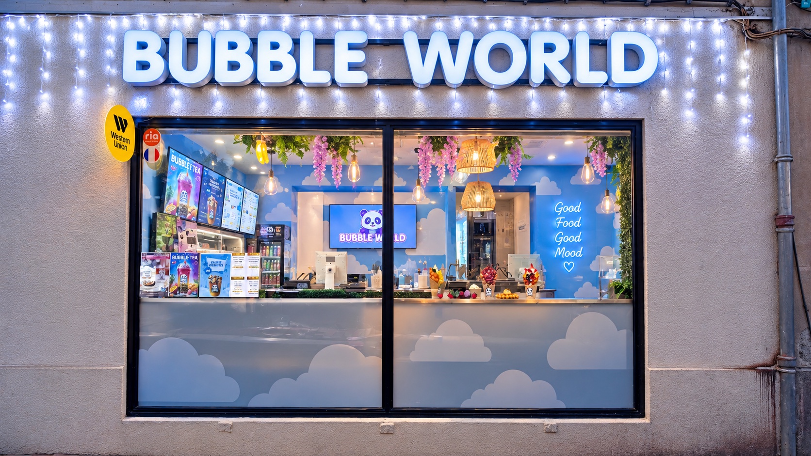 La vitrine de la crêperie Bubble World à Saint-Fons